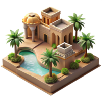 extraordinary rustic Desert oasis resort, adobe structures, reflecting pools, palm trees, intense sunlight, tranquil atmosphere, architectural visualization, authentic png