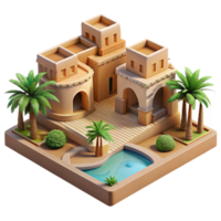 dramatic vintage Desert oasis resort, adobe structures, reflecting pools, palm trees, intense sunlight, tranquil atmosphere, architectural visualization, genuine png