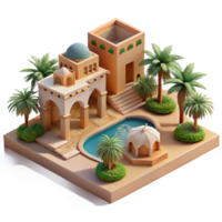 impressive minimalist Desert oasis resort, adobe structures, reflecting pools, palm trees, intense sunlight, tranquil atmosphere, architectural visualization, 4K png