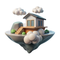 wonderful artistic Floating island house, minimalist modern design, surrounded by clouds, soft diffuse light, peaceful atmosphere, architectural concept art, high quality png