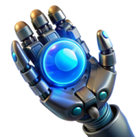 beautiful rustic A close-up of a steampunk robotic hand holding a glowing blue orb, intricate clockwork details visible, lit by an ethereal blue light in a hyperrealistic style premium png