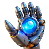 dramatic artistic A close-up of a steampunk robotic hand holding a glowing blue orb, intricate clockwork details visible, lit by an ethereal blue light in a hyperrealistic style premium png