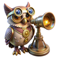 elegant modern A steampunk owl perched on a brass telescope, adorned with intricate gears and goggles, against a backdrop of swirling mist, lit by a cool, moonlight glow in a painterly style original png