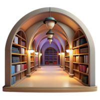 elegant vintage Subterranean library, vaulted ceilings, rows of bookshelves, soft warm light, quiet atmosphere, digital painting, high quality png