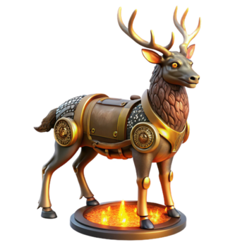 maravilloso minimalista un Steampunk autómata en el formar de un majestuoso ciervo, con intrincado aparato de relojería mecanismos visible debajo sus bronce esconder, iluminado por un cálido, luz de fuego resplandor en un fantasía Arte estilo 4k png