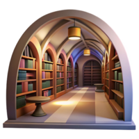 beautiful rustic Subterranean library, vaulted ceilings, rows of bookshelves, soft warm light, quiet atmosphere, digital painting, high resolution png