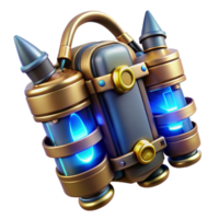 magnificent artistic A steampunk jetpack crafted from polished brass and leather straps, with glowing blue energy cores, lit by a dynamic, backlighting effect in a cyberpunk style premium png