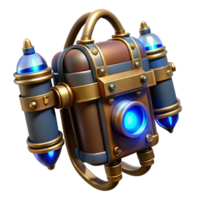 vibrant artistic A steampunk jetpack crafted from polished brass and leather straps, with glowing blue energy cores, lit by a dynamic, backlighting effect in a cyberpunk style authentic png
