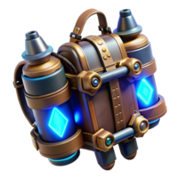 magnificent abstract A steampunk jetpack crafted from polished brass and leather straps, with glowing blue energy cores, lit by a dynamic, backlighting effect in a cyberpunk style detailed png