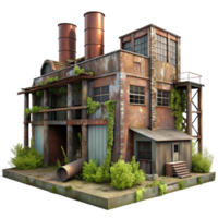stunning contemporary Abandoned industrial factory, rusty metal structures, broken windows, overgrown with weeds, eerie atmosphere, urban exploration photography style, 4K png