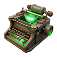 vibrant modern A steampunk typewriter with intricate keys and levers, emitting a faint glow from its internal mechanisms, lit by a green, bioluminescent light in a vintage style original png
