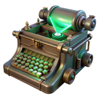 beautiful contemporary A steampunk typewriter with intricate keys and levers, emitting a faint glow from its internal mechanisms, lit by a green, bioluminescent light in a vintage style 4K png
