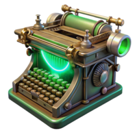 beautiful vintage A steampunk typewriter with intricate keys and levers, emitting a faint glow from its internal mechanisms, lit by a green, bioluminescent light in a vintage style high resolution png