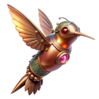 sereno artístico uma steampunk beija Flor autômato pairando no ar, com delicado latão asas e brilhando rubi olhos, aceso de uma macio, mágico brilho dentro uma caprichoso estilo Alto resolução png