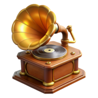 beautiful minimalist A steampunk gramophone playing a vinyl record, with intricate brass horns and a spinning turntable, lit by a warm, amber glow in a vintage, nostalgic style authentic png