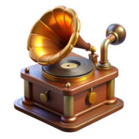 wonderful vintage A steampunk gramophone playing a vinyl record, with intricate brass horns and a spinning turntable, lit by a warm, amber glow in a vintage, nostalgic style authentic png