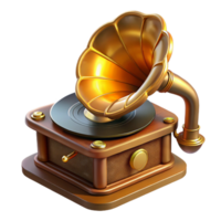 serene classic A steampunk gramophone playing a vinyl record, with intricate brass horns and a spinning turntable, lit by a warm, amber glow in a vintage, nostalgic style original png