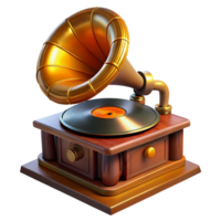 wonderful creative A steampunk gramophone playing a vinyl record, with intricate brass horns and a spinning turntable, lit by a warm, amber glow in a vintage, nostalgic style authentic png