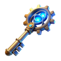 serene classic A steampunk key with intricate wards and gears, glowing with a mystical energy, lit by an ethereal, blue light in a fantasy art style authentic png