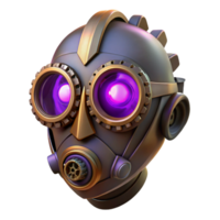 stunning vintage A steampunk mask with intricate gears and lenses, concealing the wearer's identity, lit by a mysterious, purple glow in a gothic style professional png