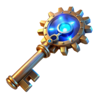 wonderful vintage A steampunk key with intricate wards and gears, glowing with a mystical energy, lit by an ethereal, blue light in a fantasy art style authentic png