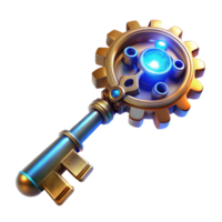 vibrant artistic A steampunk key with intricate wards and gears, glowing with a mystical energy, lit by an ethereal, blue light in a fantasy art style exclusive png
