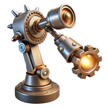 drammatico creativo un' steampunk robotica braccio estendendosi in direzione il spettatore, con intricato ingranaggi e pistoni, illuminato di un' dinamico, riflettore effetto nel un' cyberpunk stile alto risoluzione png