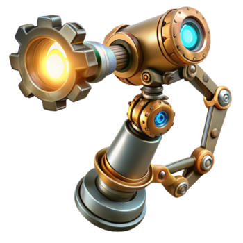 meraviglioso classico un' steampunk robotica braccio estendendosi in direzione il spettatore, con intricato ingranaggi e pistoni, illuminato di un' dinamico, riflettore effetto nel un' cyberpunk stile genuino png