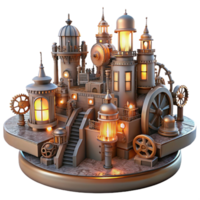impressive artistic A steampunk cityscape built from gears, cogs, and pipes, stretching towards the horizon, illuminated by the warm glow of gaslights in a detailed, panoramic style 4K png