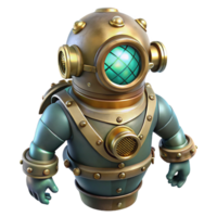 wonderful modern A steampunk diving suit with intricate brass helmets and riveted joints, descending into a murky underwater scene, lit by a cool, underwater glow in a realistic style detailed png