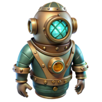 wonderful creative A steampunk diving suit with intricate brass helmets and riveted joints, descending into a murky underwater scene, lit by a cool, underwater glow in a realistic style 4K png