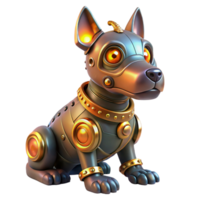 dramático moderno uma steampunk robótico cachorro com intrincado engrenagens e brilhando olhos, sentado obedientemente, aceso de uma esquentar, luz do fogo brilho dentro uma caprichoso estilo 4k png
