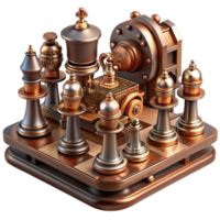 extraordinary traditional A steampunk chess set with intricately carved pieces resembling automatons, arranged on a brass board, lit by a soft, ambient light in a still life style high resolution png