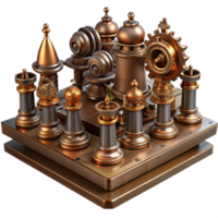 serene abstract A steampunk chess set with intricately carved pieces resembling automatons, arranged on a brass board, lit by a soft, ambient light in a still life style original png