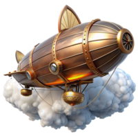 wonderful rustic A steampunk airship soaring through a cloud-filled sky, its brass and copper hull gleaming in the sunlight, intricate gears and propellers visible, digital art genuine png