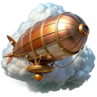 impressive creative A steampunk airship soaring through a cloud-filled sky, its brass and copper hull gleaming in the sunlight, intricate gears and propellers visible, digital art original png
