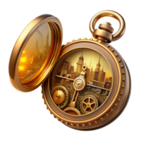 magnificent vintage A steampunk pocket watch with intricate gears and Roman numerals, its cover open to reveal a miniature cityscape within, lit by a warm, golden light, digital art authentic png