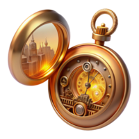 elegant traditional A steampunk pocket watch with intricate gears and Roman numerals, its cover open to reveal a miniature cityscape within, lit by a warm, golden light, digital art exclusive png