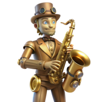 serene modern A steampunk automaton musician playing a brass saxophone, its body made of polished wood and intricate clockwork, illuminated by stage spotlights, digital painting exclusive png