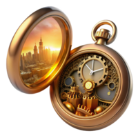 vibrant rustic A steampunk pocket watch with intricate gears and Roman numerals, its cover open to reveal a miniature cityscape within, lit by a warm, golden light, digital art exclusive png