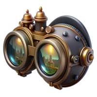serene minimalist A steampunk goggles with intricate lenses and filigree designs, reflecting a cityscape in miniature, lit by a soft, ambient light, highly detailed, digital art original png
