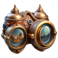 impressive artistic A steampunk goggles with intricate lenses and filigree designs, reflecting a cityscape in miniature, lit by a soft, ambient light, highly detailed, digital art high resolution png