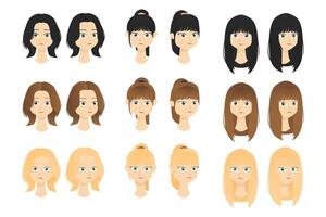 Flat character female hairstyle in various color and style short ponytail and long hair with bang with front and side view perfect for asset design free art illustration template idea vector