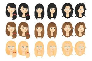 Flat character female hairstyle in various color and style of long hair with front and side view perfect for asset design free art illustration template idea vector