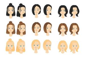 Flat character female hairstyle in various color and style short hair with bun wolf cut with front and side view perfect for asset design template idea vector
