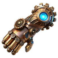 vibrante criativo uma steampunk protético braço com intrincado engrenagens e pistões, trabalhada a partir de polido latão e aço, aceso de uma legal, metálico luz, digital pintura exclusivo png