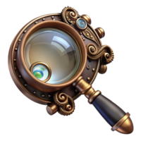 impressive abstract A steampunk monocle with a magnifying glass and intricate filigree design, reflecting a hidden message, lit by a soft, ambient light, highly detailed, digital art high resolution png