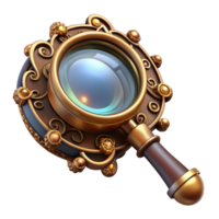 extraordinary abstract A steampunk monocle with a magnifying glass and intricate filigree design, reflecting a hidden message, lit by a soft, ambient light, highly detailed, digital art high quality png