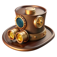 magnificent vintage A steampunk top hat with intricate gears and goggles attached, adorned with brass and copper accents, illuminated by a warm, overhead light, digital painting premium png
