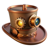 elegant modern A steampunk top hat with intricate gears and goggles attached, adorned with brass and copper accents, illuminated by a warm, overhead light, digital painting detailed png